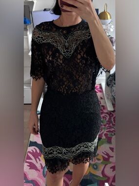 Sandro Paris - Black Lace Skirt Set with Contrast Trim